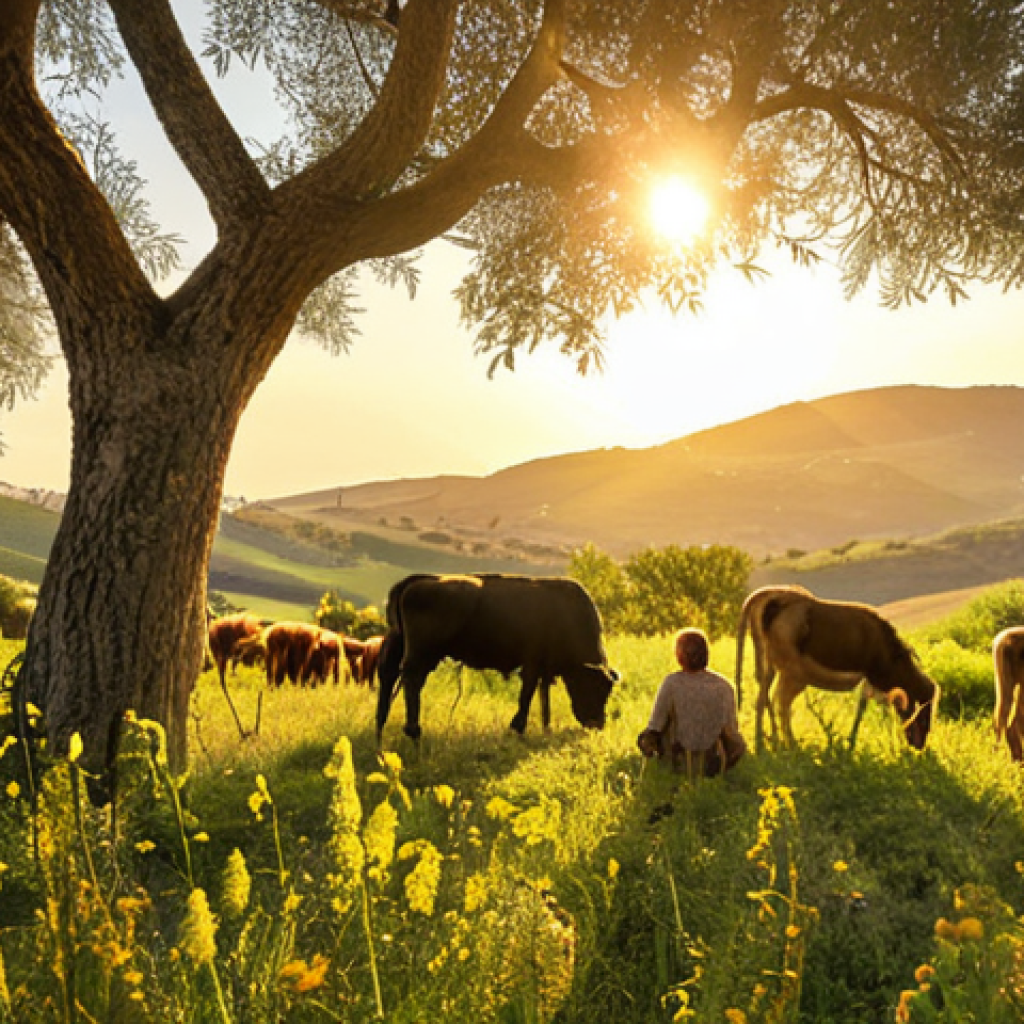 **Prompt for Image 1**: "A serene, sun-drenched image of multi-species coexistence in the Italian countryside. Feature a thriving regenerative farm in regions like Tuscany or Umbria, where grapevines or olive trees are interspersed with vibrant wildflowers and native plants, attracting bees, butterflies, and small birds. An Italian family is subtly integrated into the scene, working in harmony with the land, symbolizing a partnership with nature. The landscape is rich in biodiversity, reflecting the intrinsic value of all life. Photorealistic, warm golden hour light, peaceful atmosphere."