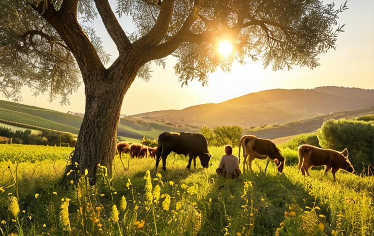 **Prompt for Image 1**: "A serene, sun-drenched image of multi-species coexistence in the Italian countryside. Feature a thriving regenerative farm in regions like Tuscany or Umbria, where grapevines or olive trees are interspersed with vibrant wildflowers and native plants, attracting bees, butterflies, and small birds. An Italian family is subtly integrated into the scene, working in harmony with the land, symbolizing a partnership with nature. The landscape is rich in biodiversity, reflecting the intrinsic value of all life. Photorealistic, warm golden hour light, peaceful atmosphere."