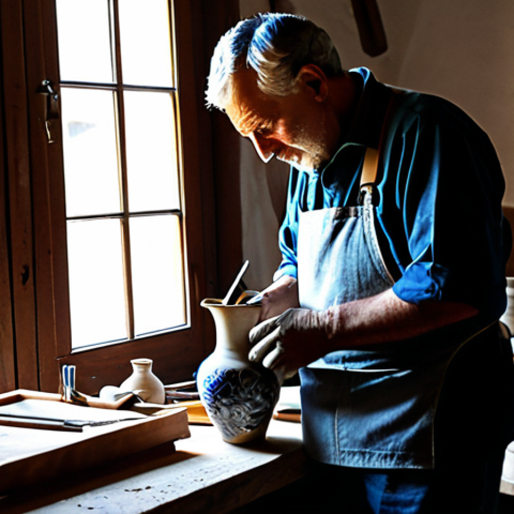 Traditional Craftsmanship**

"A skilled artisan in a small Italian village workshop, carefully handcrafting a ceramic vase with traditional designs. Sunlight streams through the window, illuminating the tools and materials of the craft. The scene conveys a sense of history, dedication, and the beauty of handmade objects.  Appropriate content, safe for work, professional. Perfect anatomy, well-formed hands, natural proportions, fully clothed.  Focus on detail and authenticity."

**