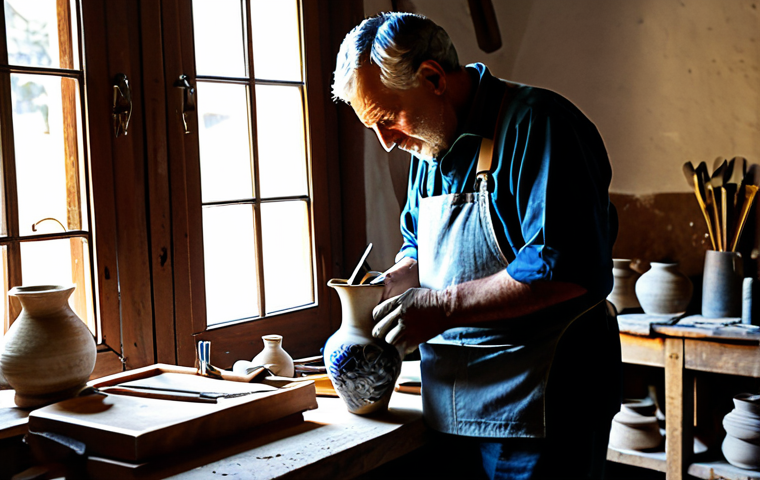 Traditional Craftsmanship**
"A skilled artisan in a small Italian village workshop, carefully handcrafting a ceramic vase with traditional designs. Sunlight streams through the window, illuminating the tools and materials of the craft. The scene conveys a sense of history, dedication, and the beauty of handmade objects. Appropriate content, safe for work, professional. Perfect anatomy, well-formed hands, natural proportions, fully clothed. Focus on detail and authenticity."
**