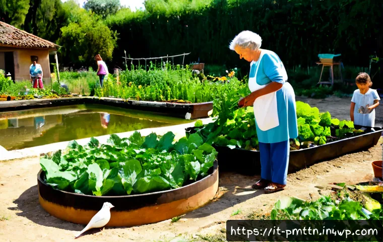 Home 15 다종 공존 윤리 모델의 연결 고리 - Photorealistic wide-angle scene in a sunlit Italian community garden, an elderly Italian woman, a yo...